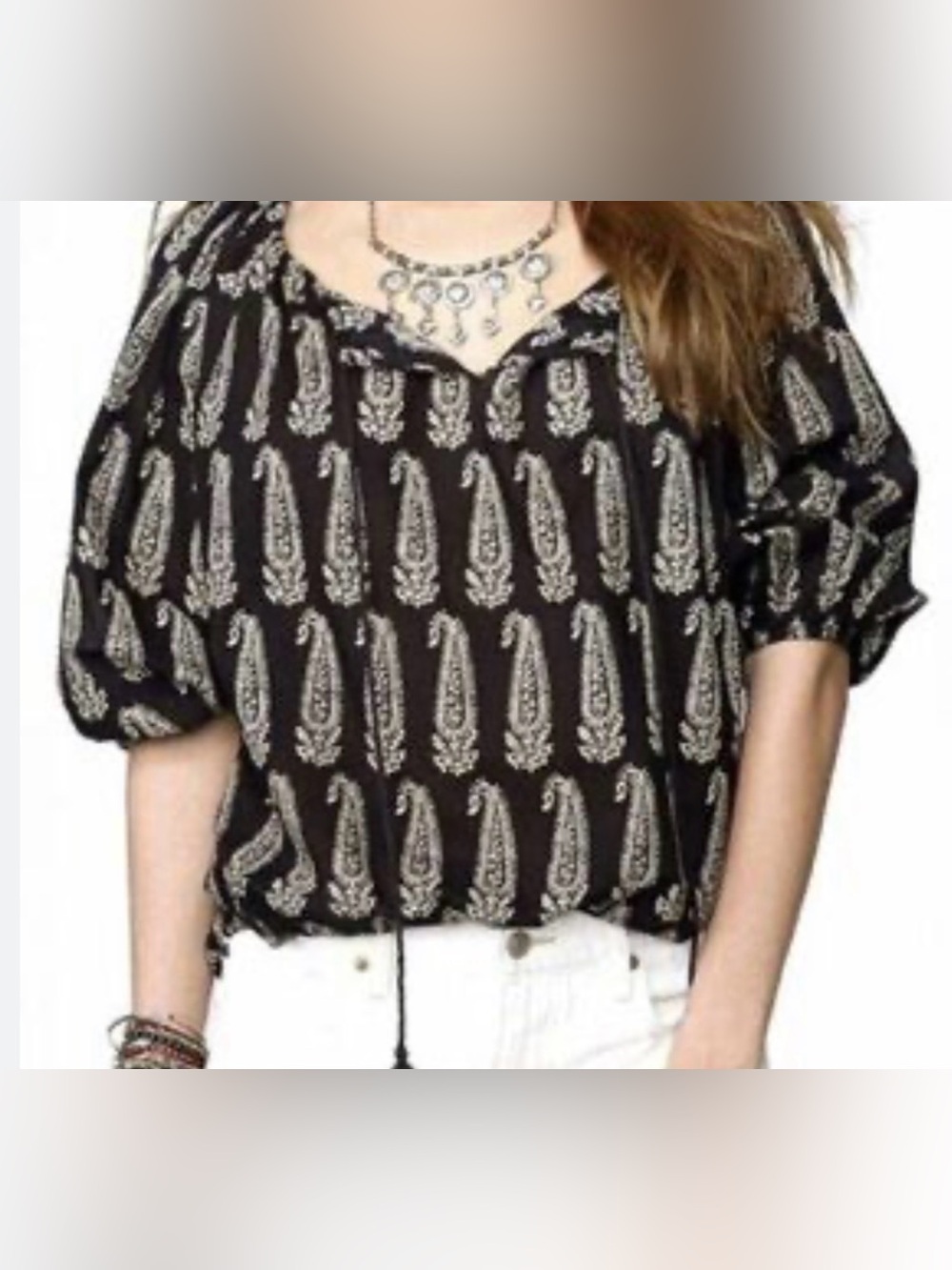 Denim and Supply Ralph Lauren Black RL Boho Paisley Print Tassel Top Blouse L
